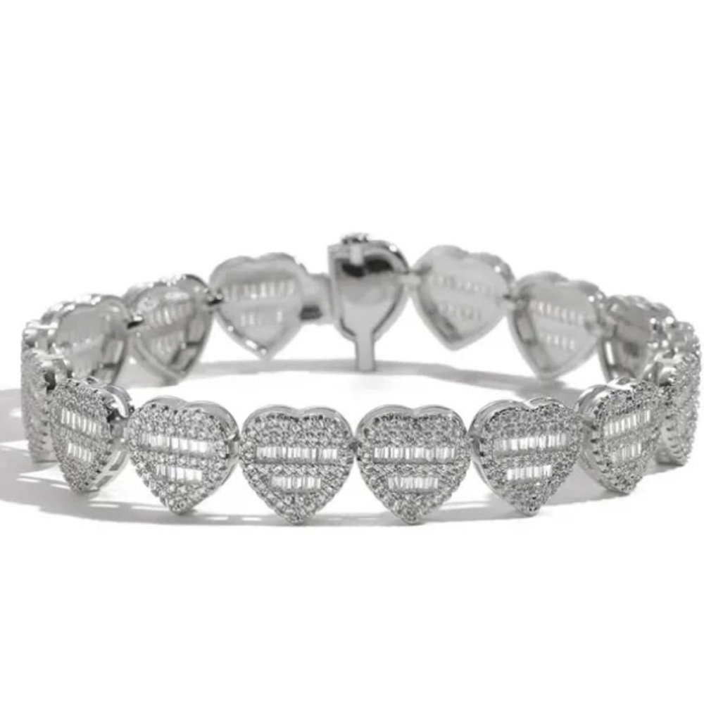 Women’s Iced Out Silver Cubic Zirconia Pave Baguette Heart Bracelet